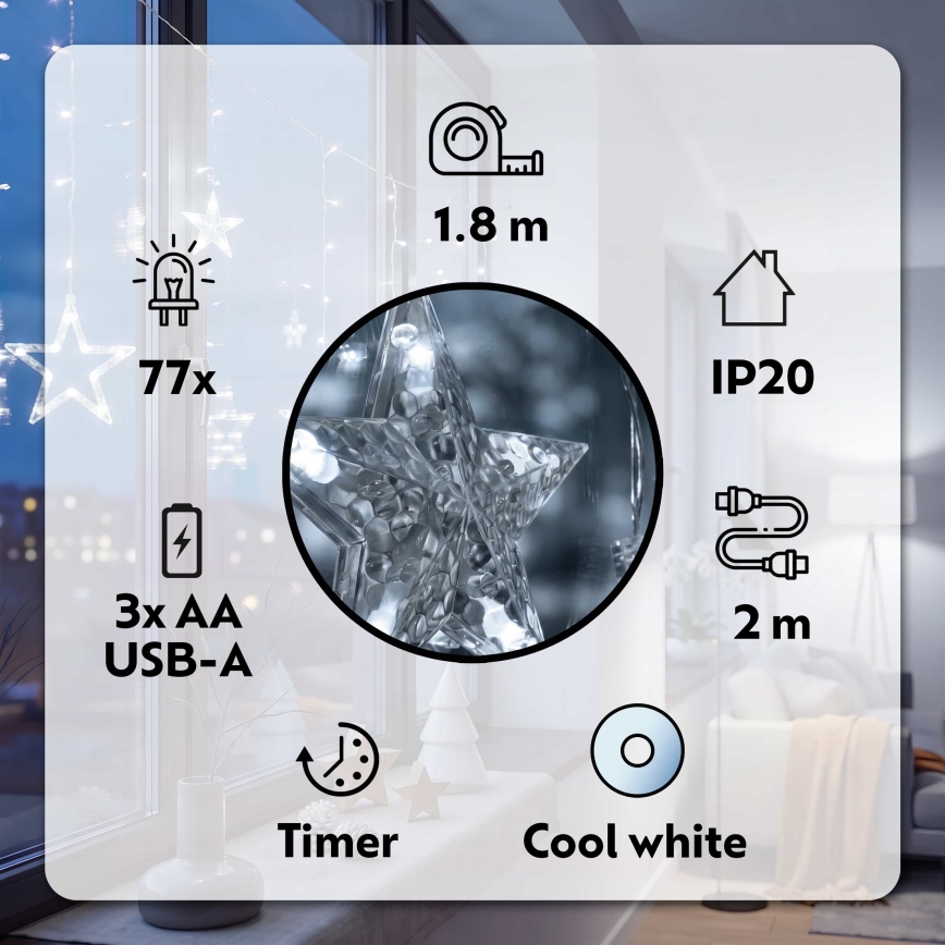 BRILAGI - Різдвяна LED гірлянда-штора 77xLED/3xAA/USB 1,8м холодний білий