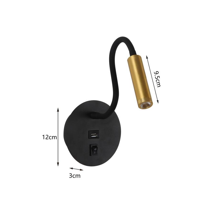 Brilagi - Светодиодная гибкая настенная лампа с USB портом MAYA LED/3W/230V 4000K черный/золотистый