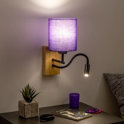 Brilagi - Светодиодная гибкая настенная лампа NUBILA WOOD 1xE27/25W/230V + LED/3W дуб/фиолетовый