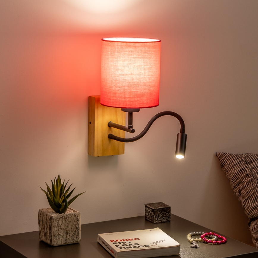 Brilagi - Светодиодная гибкая настенная лампа NUBILA WOOD 1xE27/25W/230V + LED/3W дуб/розовый