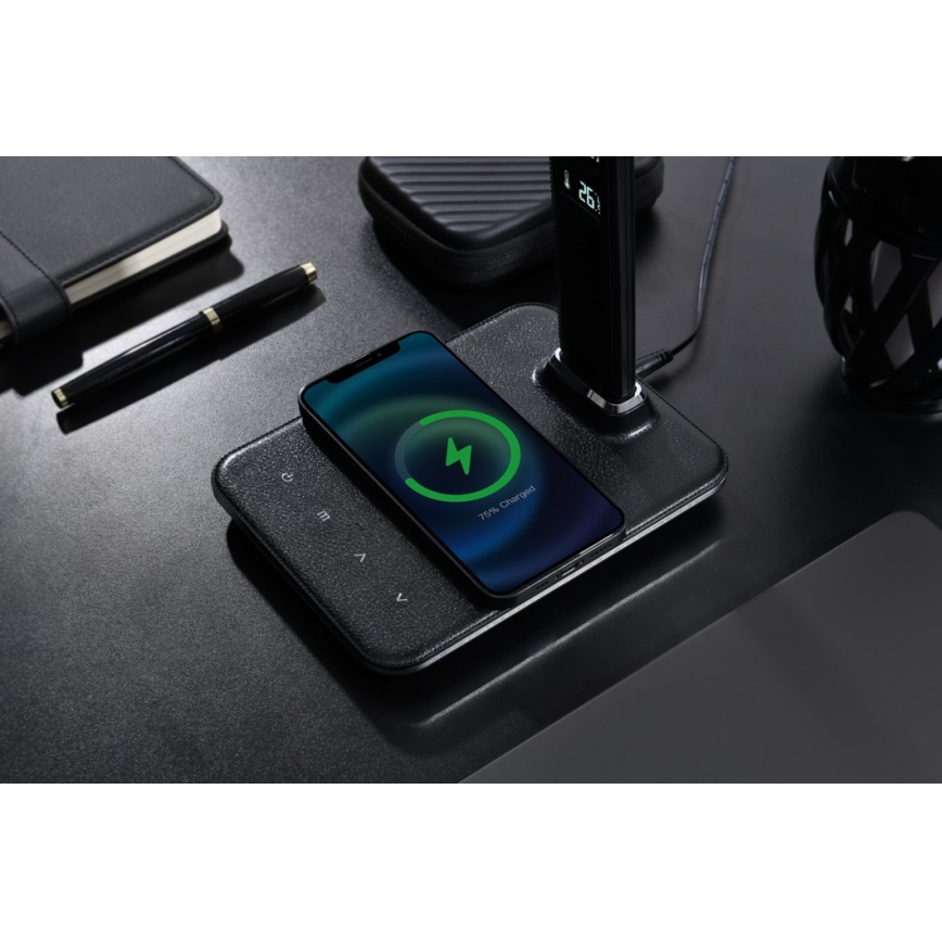 Brilagi - Світлодіодна лампа з регулюванням яскравості та бездротовою зарядкою QI та USB REGINA LED/8,5W/230V чорний