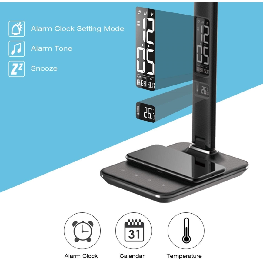 Brilagi - Світлодіодна лампа з регулюванням яскравості та бездротовою зарядкою QI та USB REGINA LED/8,5W/230V чорний