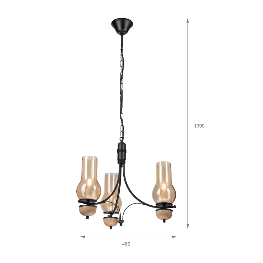 Брілагі - світлодіодна люстра на ланцюгу КОТТЕДЖ 3xE14/40W/230V дуб/чорний/димчасто-бежевий