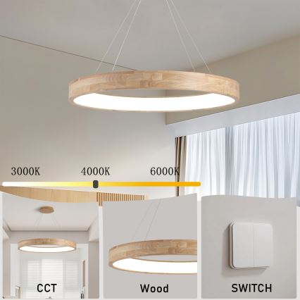 Brilagi - LED-люстра на тросі FALCON WOOD, 60 Вт, 230 В, 3000/4000/6000 К, діаметр 80 см, дерев'яна