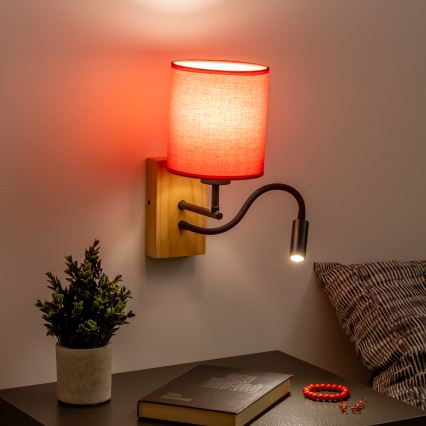 Brilagi - LED Гнучка настінна лампа NUBILA WOOD 1xE27/25W/230V + LED/3W дуб/червоний