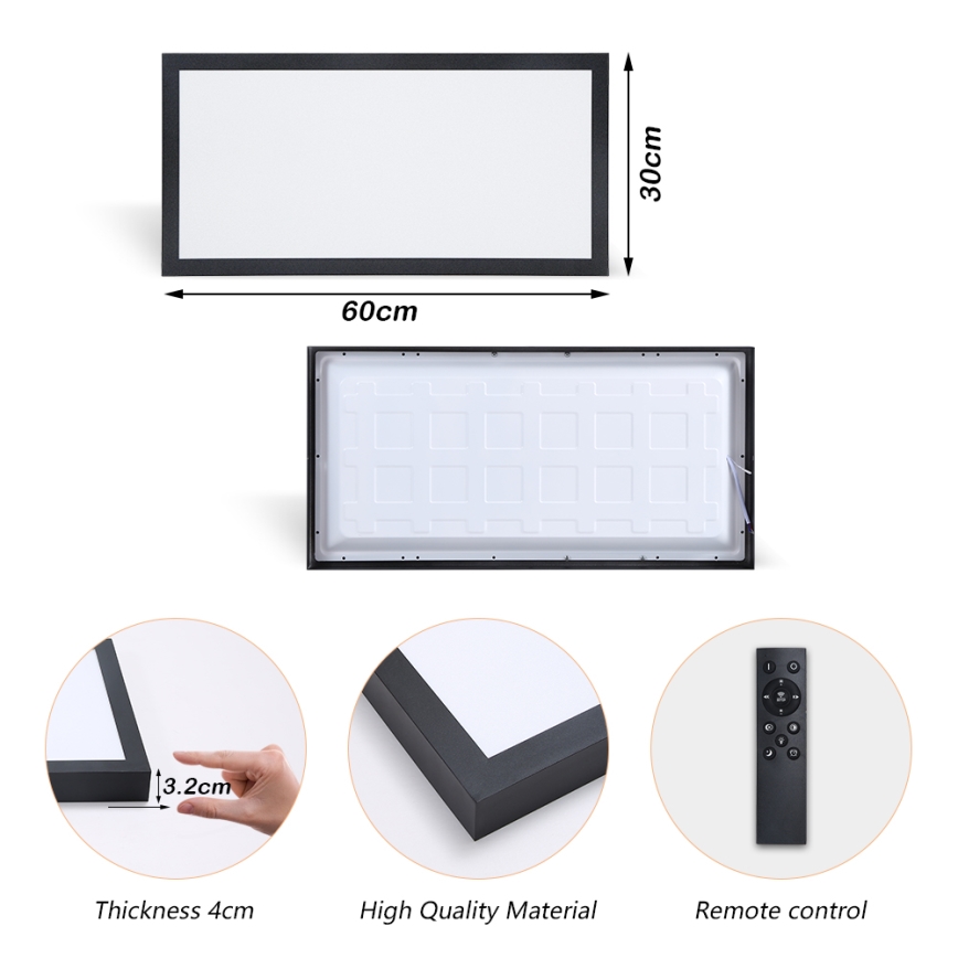 Brilagi - Стельовий LED світильник для ванної з регулюванням яскравості FRAME SMART LED/30W/230V 30x60 см 3000-6000K  IP44 чорний  + пульт дистанційного керування