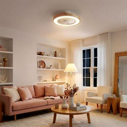 Brilagi - регульований LED стельовий світильник із вентилятором LED/38W/230V 3000-6500K 3000-6500K, діаметр 50 см, рожевий/дуб + пульт дистанційного керування