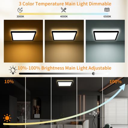 Brilagi - Ультратонкий стельовий світлодіодний світильник з регулюванням яскравості LED/18W/230V 2700-6500K 30x30 см чорний + пульт дистанційного керування