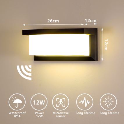 Brilagi - Уличный светодиодный настенный светильник с датчиком BRICKY LED/12W/230V черный IP54
