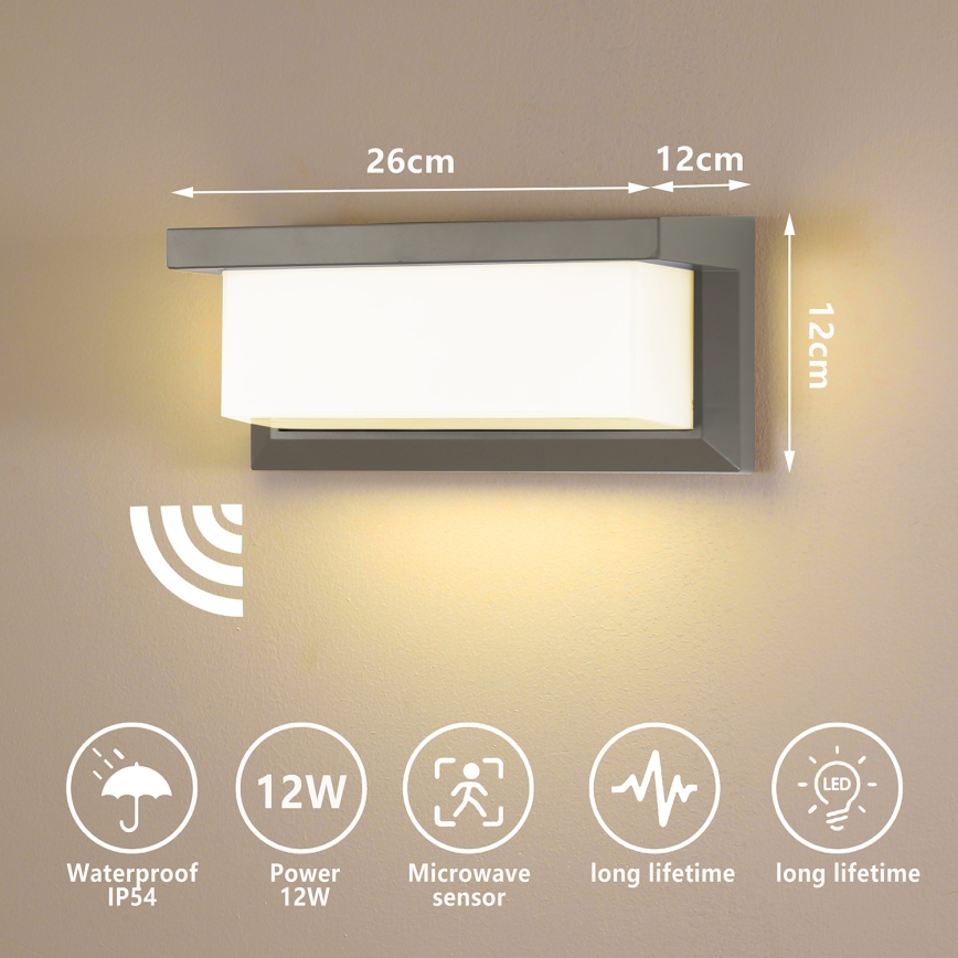 Brilagi - Уличный светодиодный настенный светильник с датчиком BRICKY LED/12W/230V серый IP54