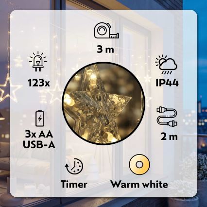 BRILAGI - Вулична різдвяна LED гірлянда-штора 123xLED/3xAA/USB 3м IP44 теплий білий