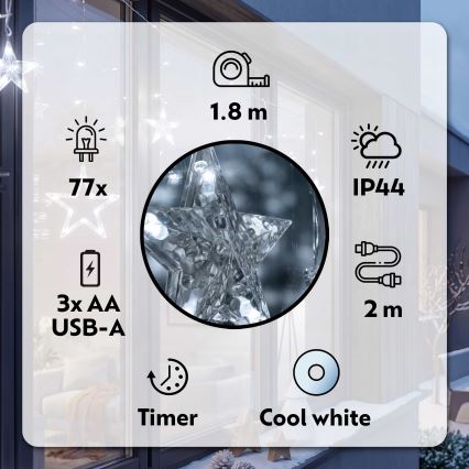 BRILAGI - Вулична різдвяна LED гірлянда-штора 77xLED/3xAA/USB 1,8м IP44 холодний білий