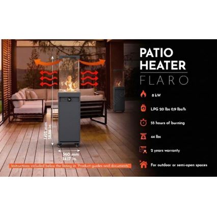 Брілагі - Вуличний газовий камін FLARO GAS 142x36 см 8 кВт 1xAAA антрацит + захисний чохол