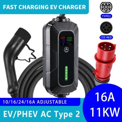 Brilagi - Дорожная зарядная станция для электромобилей FAST AC Тип 2 16A/380V 11kW + вилка 230V, 3,7kW 5 м + чехол