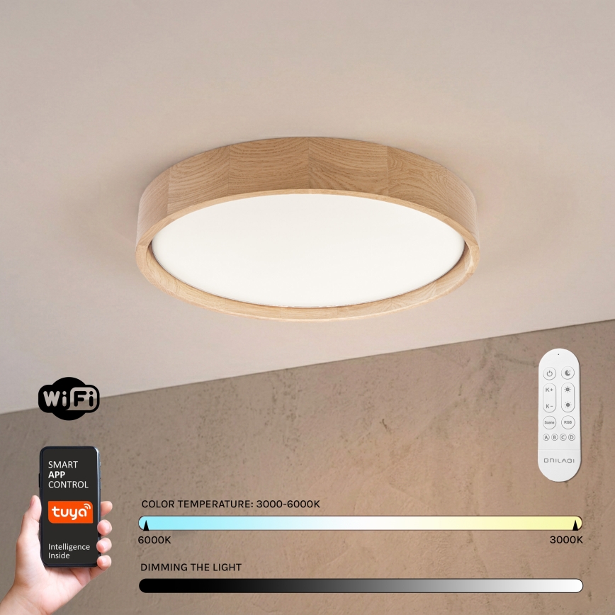 Brilagi - димований LED стельовий світильник MANAROLA SMART, 24 Вт / 230 В, 3000–6000 K, Wi‑Fi Tuya Beacon, діаметр 41 см, дуб + пульт дистанційного керування