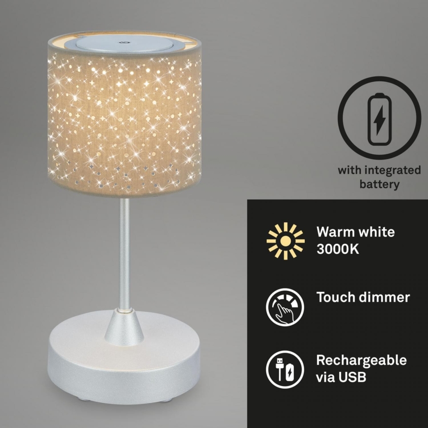 Brilo - Вулична LED настільна акумуляторна лампа з регулюванням яскравості LOLE LED/3W/5V IP44 срібний/бежевий