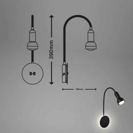 Briloner 2178015 - LED Настінна гнучка лампа 1xE14/10W/230V + LED/3W чорний