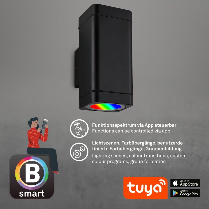 Briloner 3675-025 - LED RGBW Вуличний настінний світильник з регулюванням яскравості 2xLED/8,5W/230V 3000-6500K Wi-Fi Tuya IP44 чорний