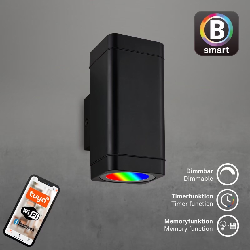 Briloner 3675-025 - LED RGBW Вуличний настінний світильник з регулюванням яскравості 2xLED/8,5W/230V 3000-6500K Wi-Fi Tuya IP44 чорний