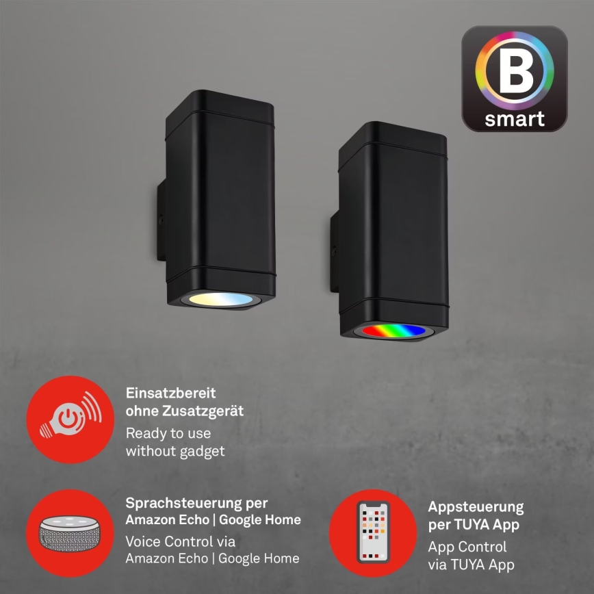 Briloner 3675-025 - LED RGBW Вуличний настінний світильник з регулюванням яскравості 2xLED/8,5W/230V 3000-6500K Wi-Fi Tuya IP44 чорний