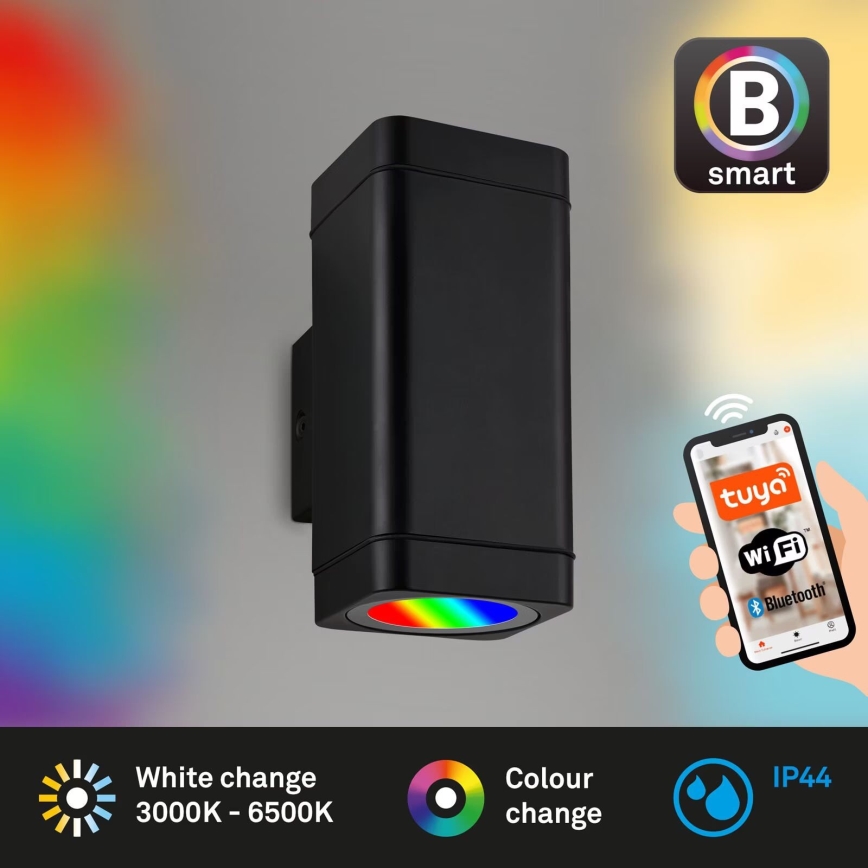 Briloner 3675-025 - LED RGBW Вуличний настінний світильник з регулюванням яскравості 2xLED/8,5W/230V 3000-6500K Wi-Fi Tuya IP44 чорний