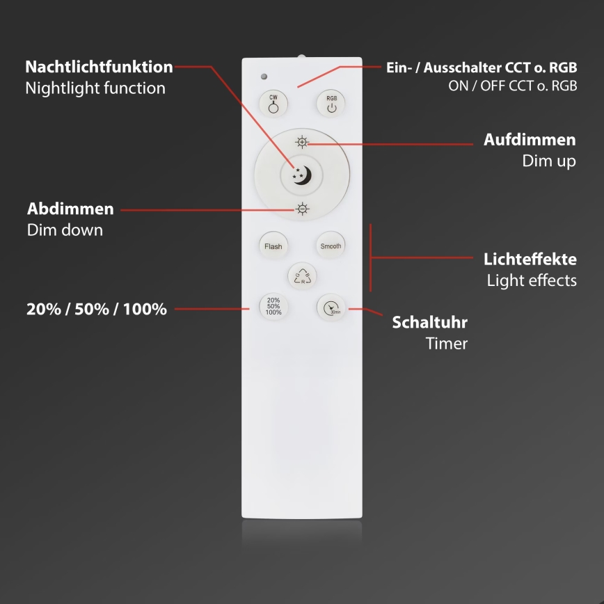Briloner 3709-014 - Стельовий RGBW-світильник з регулюванням яскравості LED/22W/230V 4000K діаметр 38 см срібний + пульт дистанційного керування