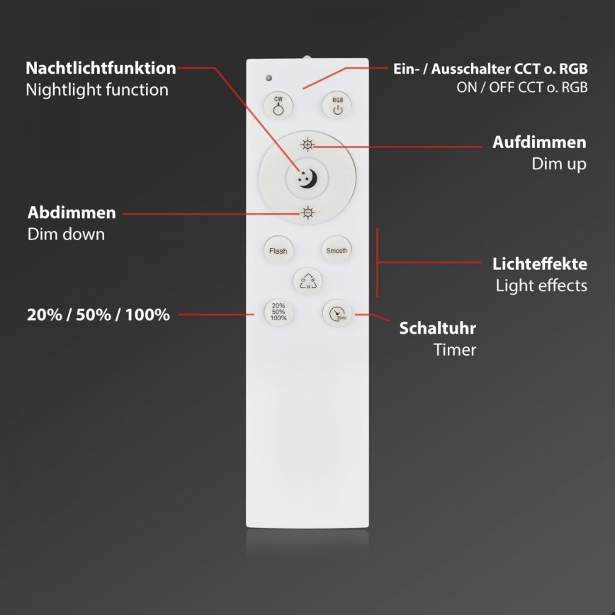 Briloner 3709-016 - Стельовий RGBW-світильник з регулюванням яскравості LED/22W/230V 4000K діаметр 38 см білий + пульт дистанційного керування