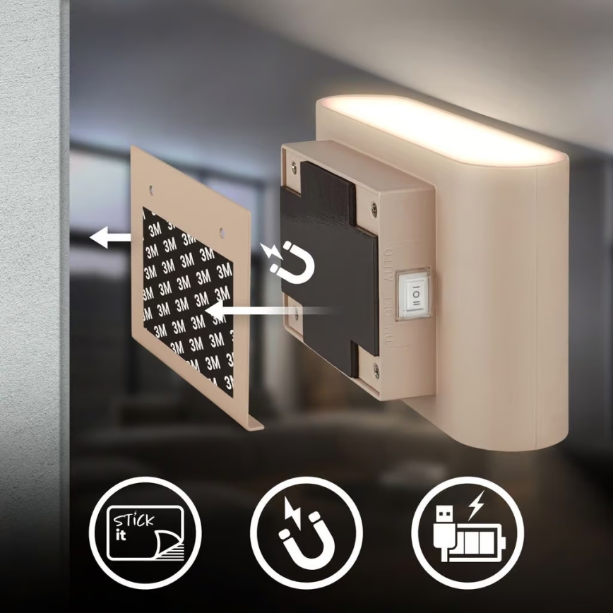 Briloner 3878011 - заряджуваний настінний світильник із датчиками руху та сутінків CHAT LED/3W/5V 2000 mAh бежевий