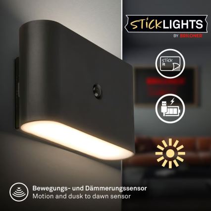 Briloner 3878015 - акумуляторний настінний світильник LED з датчиком руху та датчиком сутінок CHAT LED/3W/5V 2000 mAh чорний