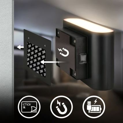 Briloner 3878015 - акумуляторний настінний світильник LED з датчиком руху та датчиком сутінок CHAT LED/3W/5V 2000 mAh чорний