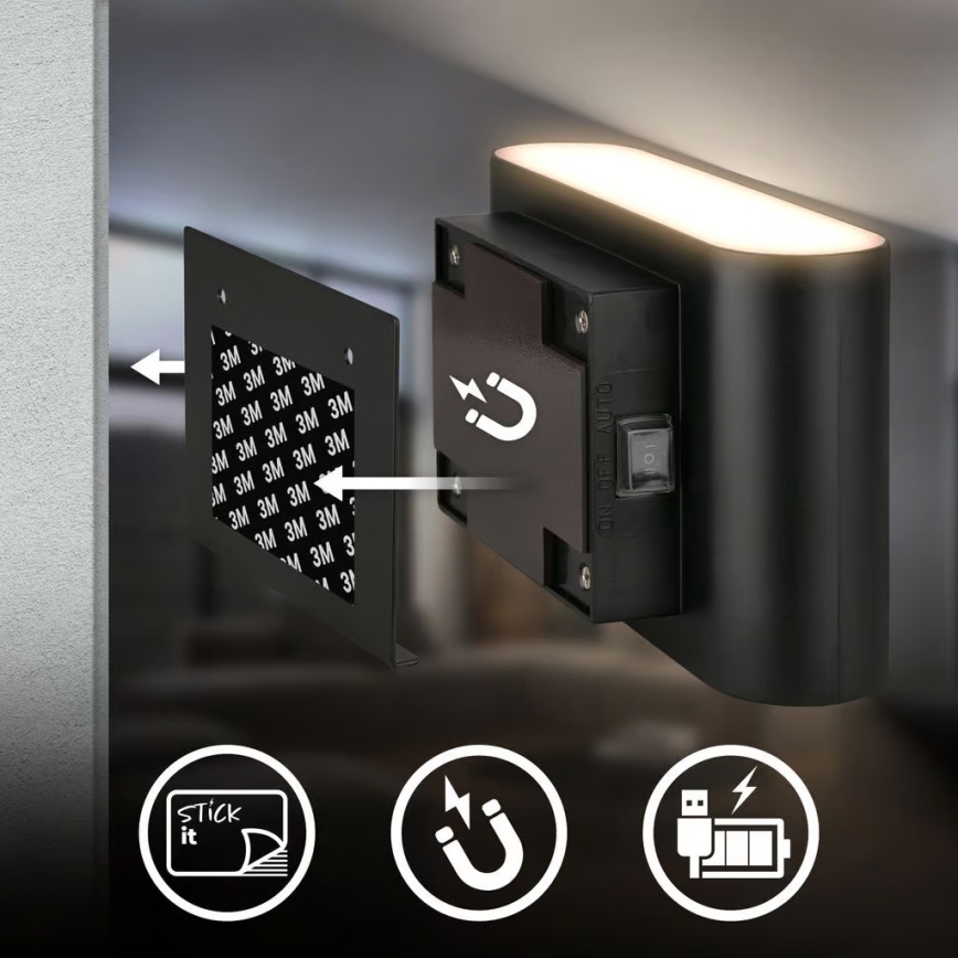 Briloner 3878015 - Перезаряжаемый LED настенный светильник с датчиком движения и сумерек CHAT LED/3W/5V 2000 mAh черный