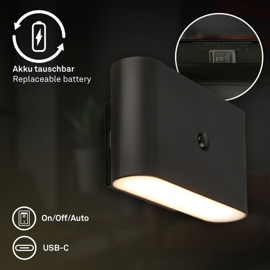 Briloner 3878015 - Перезаряжаемый LED настенный светильник с датчиком движения и сумерек CHAT LED/3W/5V 2000 mAh черный