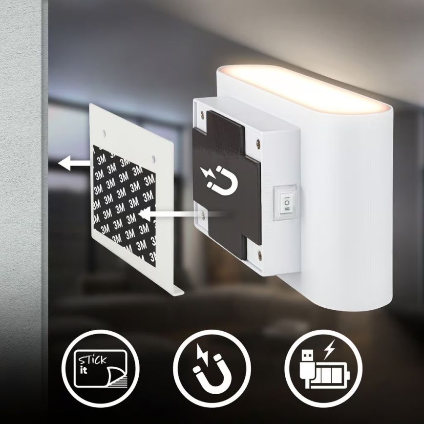Briloner 3878016 - LED аккумуляторный настенный светильник с датчиками движения и сумерек CHAT LED/3W/5V 2000 mAh белый