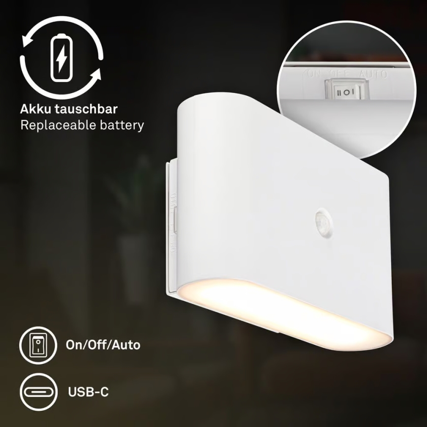 Briloner 3878016 - LED аккумуляторный настенный светильник с датчиками движения и сумерек CHAT LED/3W/5V 2000 mAh белый