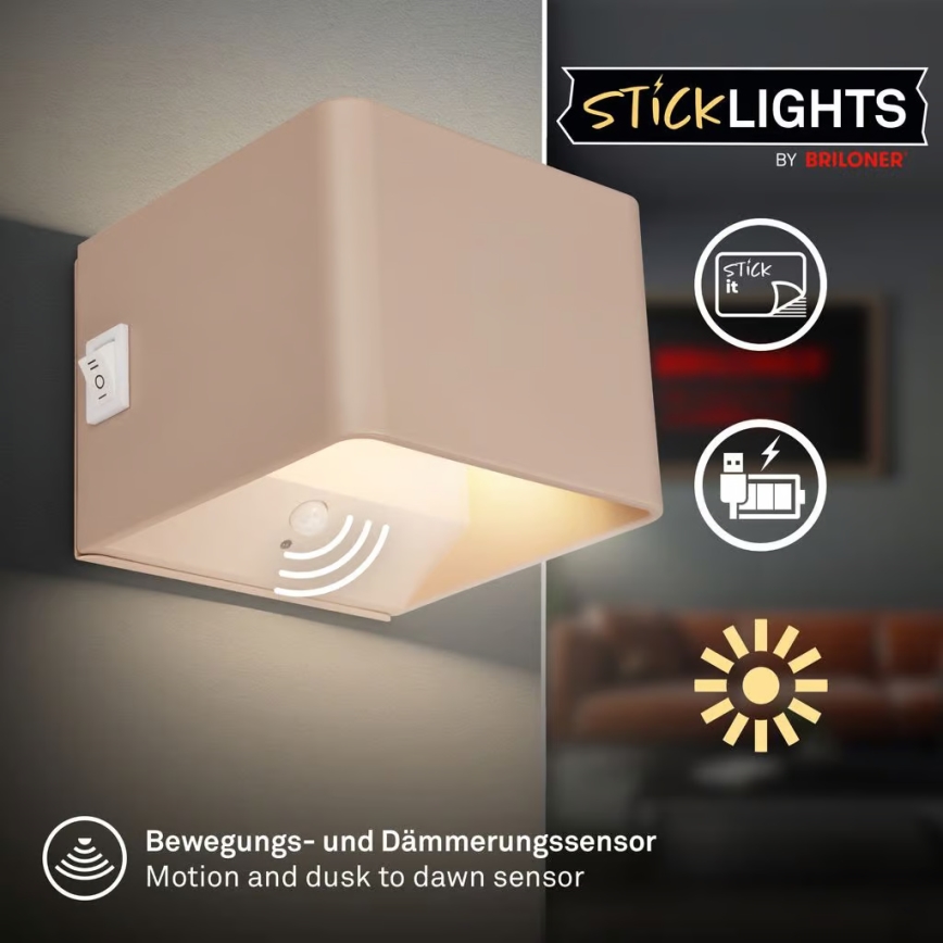 Briloner 3879011 - LED акумуляторний настінний світильник з датчиком руху та датчиком сутінків BORRA LED/1,5 Вт/5 В 3600 мА·год бежевий