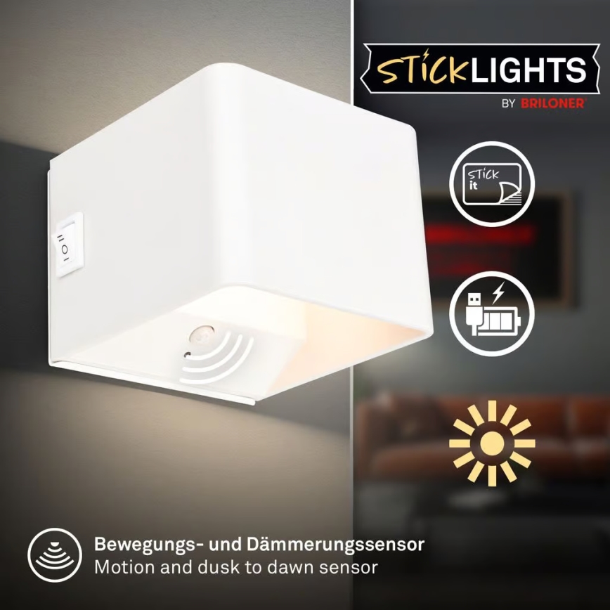 Briloner 3879016 - Перезаряжаемый настенный светильник BORRA LED с датчиком, 1,5 Вт/5 В, 3600 мА·ч, белый