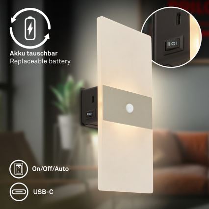 Briloner 3888012 - LED настінний світильник із акумулятором та датчиком руху й сутінків AURA LED/2,5W/5V 1800 mAh матовий хром