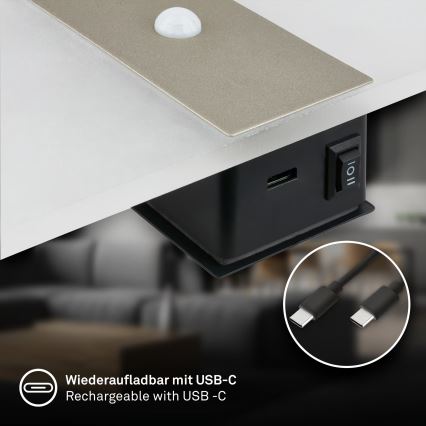 Briloner 3888012 - Аккумуляторный настенный светодиодный светильник с датчиками движения и сумерек AURA LED/2,5W/5V 1800 mAh матовый хром