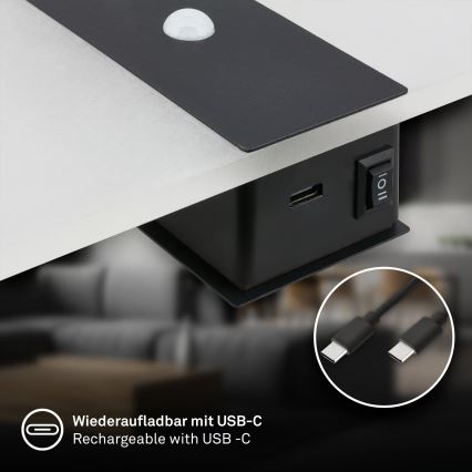 Briloner 3888015 - Аккумуляторный настенный светильник LED с датчиком движения и датчиком сумерек AURA LED/2,5W/5V 1800 mAh черный