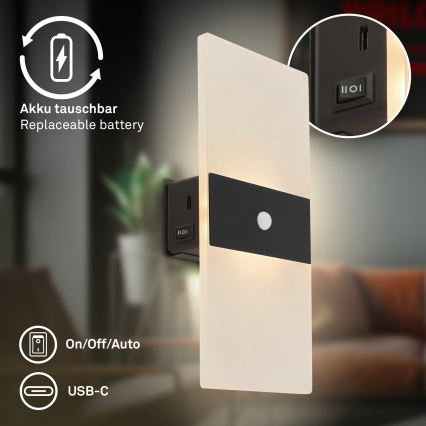 Briloner 3888015 - Аккумуляторный настенный светильник LED с датчиком движения и датчиком сумерек AURA LED/2,5W/5V 1800 mAh черный