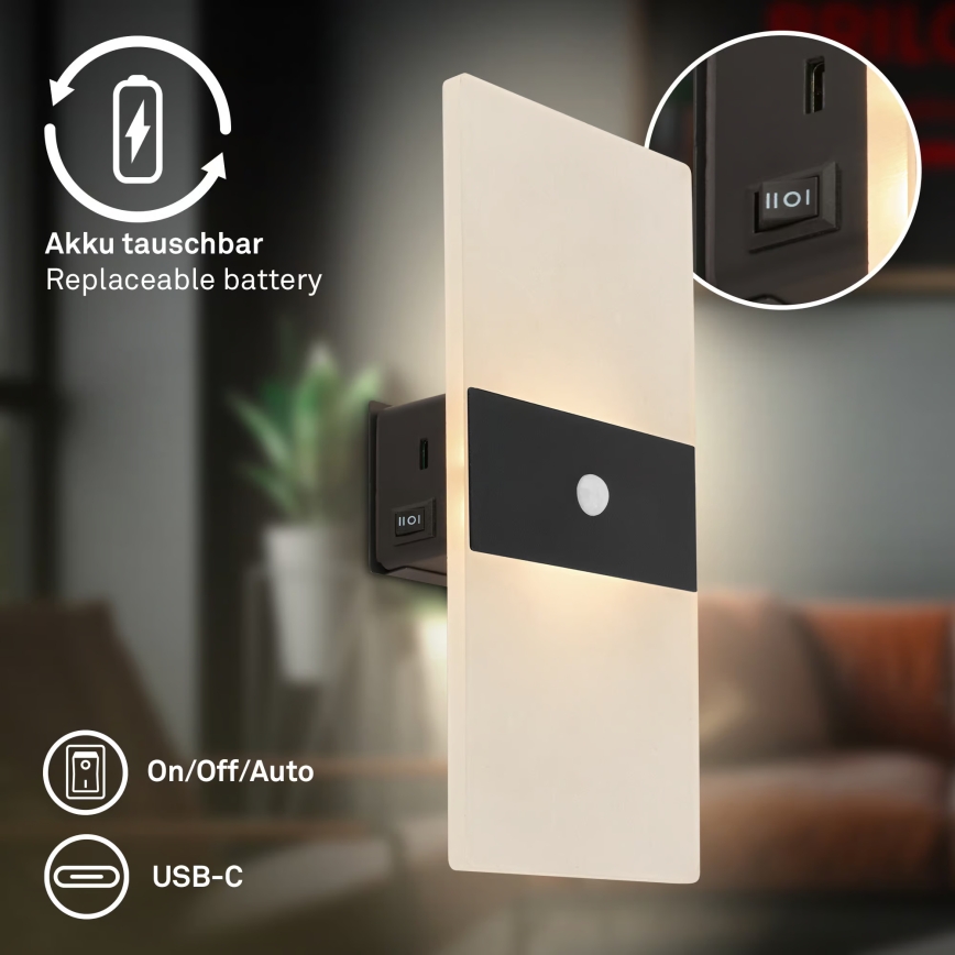 Briloner 3888015 - Аккумуляторный настенный светильник LED с датчиком движения и датчиком сумерек AURA LED/2,5W/5V 1800 mAh черный
