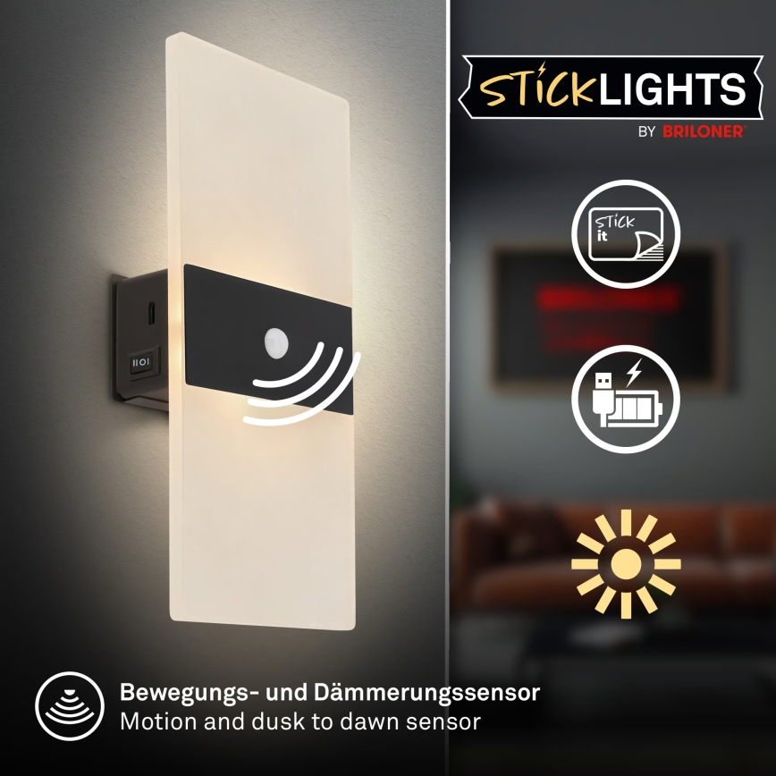Briloner 3888015 - акумуляторний LED настінний світильник з датчиком руху та датчиком сутінків AURA LED/2,5W/5V 1800 mAh чорний