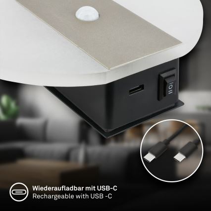 Брілонер 3889012 - перезаряджуваний світлодіодний настінний світильник ТАРО з датчиком руху та сутінків, 2,5 Вт / 5 В, 1800 мА·год, матовий хром