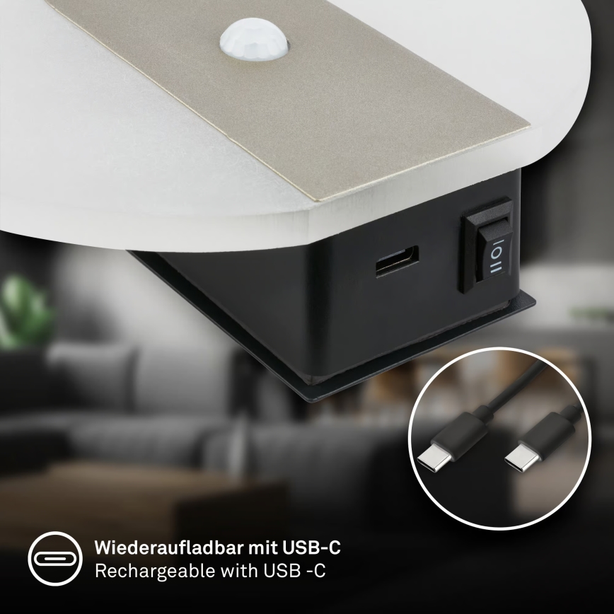 Брілонер 3889012 - перезаряджуваний світлодіодний настінний світильник ТАРО з датчиком руху та сутінків, 2,5 Вт / 5 В, 1800 мА·год, матовий хром