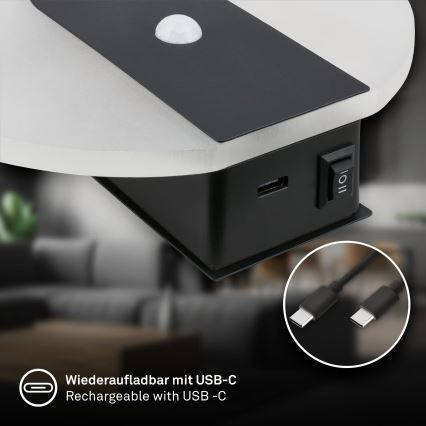 Briloner 3889015 - LED зарядний настінний світильник із датчиком руху та датчиком сутінків TARO LED/2,5W/5V 1800 mAh чорний