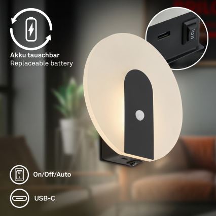 Briloner 3889015 - LED зарядний настінний світильник із датчиком руху та датчиком сутінків TARO LED/2,5W/5V 1800 mAh чорний