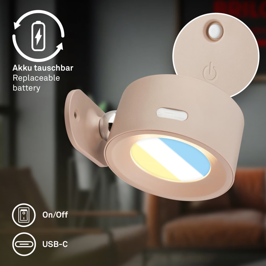 Briloner 3896011 - Диммируемый перезаряжаемый настенный светильник TARI LED/1,6W/5V 1500 mAh, бежевый