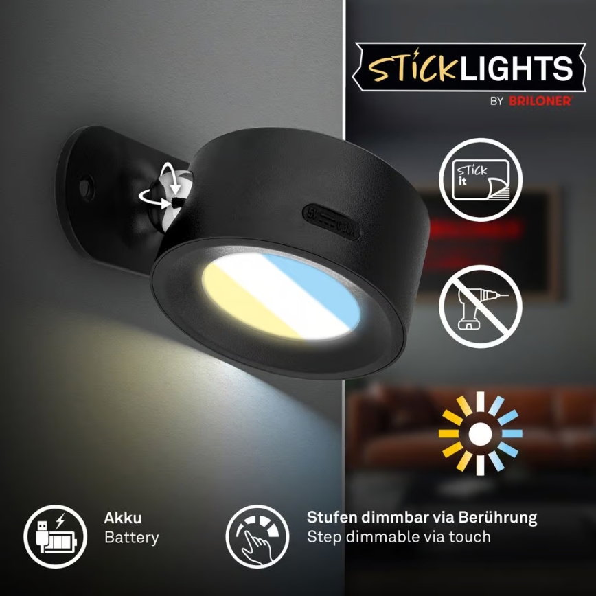 Briloner 3896015 - LED диммируемый аккумуляторный настенный светильник TARI LED/1,6W/5V 1500 mAh черный