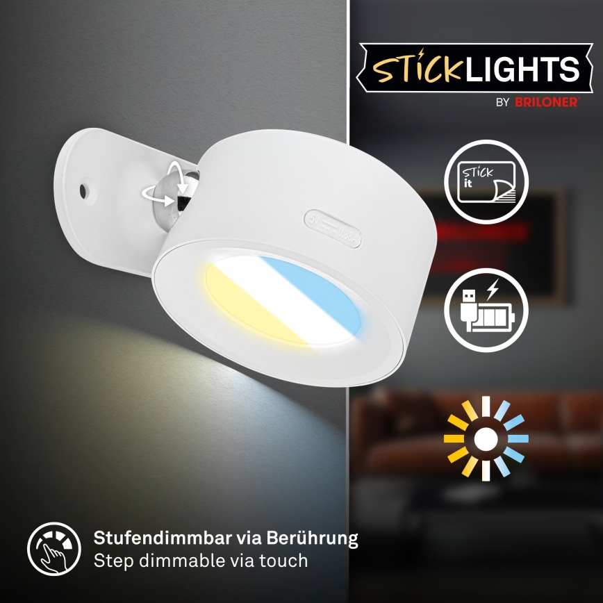Briloner 3896016 - Світлодіодний настінний акумуляторний світильник TARI LED/1,6W/5V 1500 mAh, білий, з регулюванням яскравості