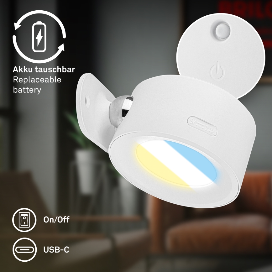 Briloner 3896016 - диммируемый аккумуляторный настенный светильник TARI LED/1,6W/5V 1500 mAh белый